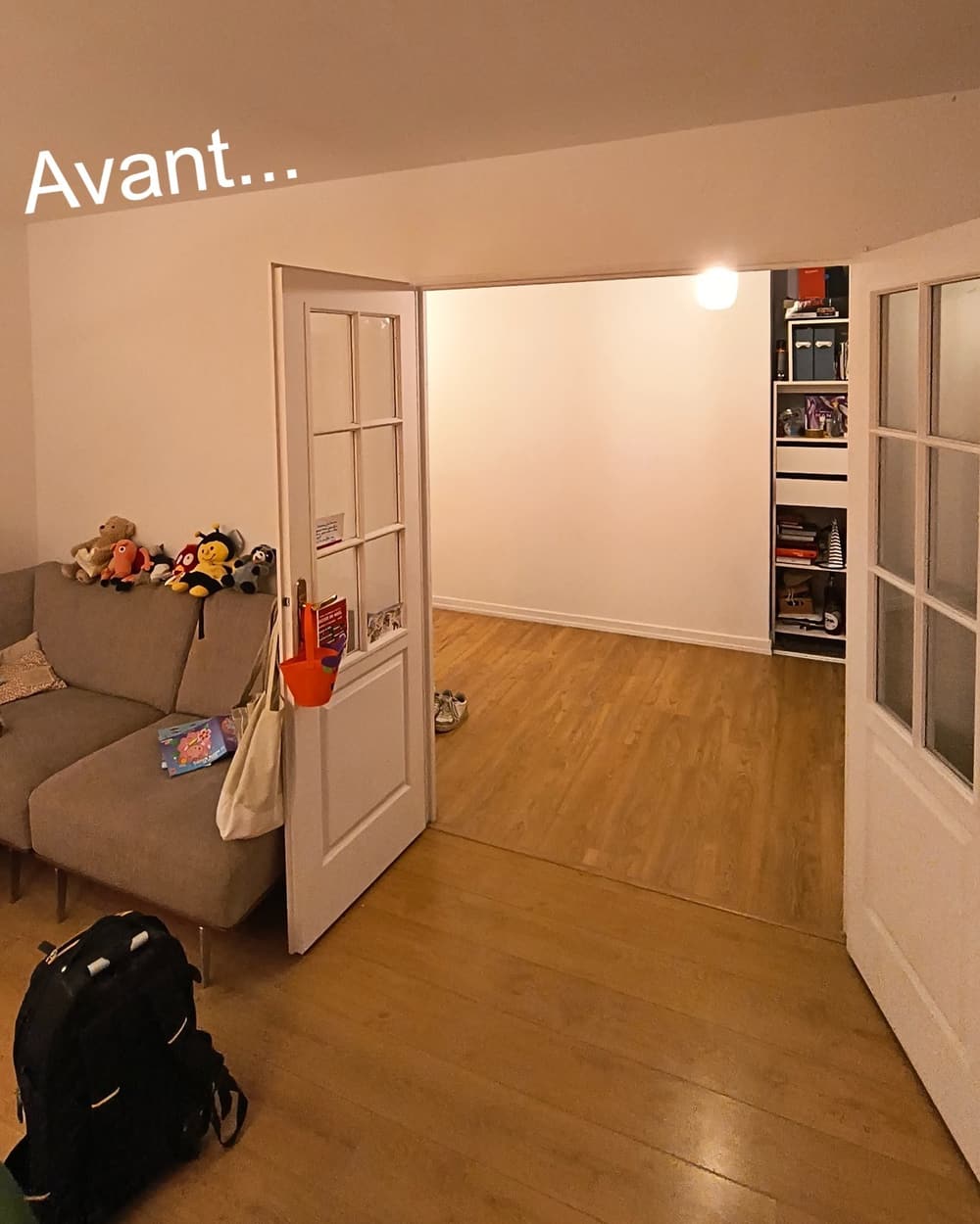 Avant les travaux : la double porte ouverte vue depuis le salon